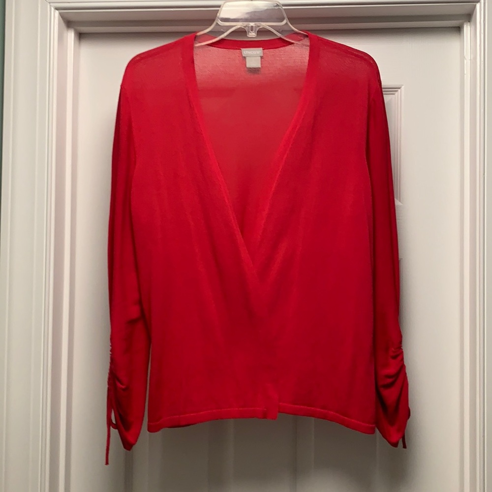 Chico’s Sz 2 red cardigan ruched 3/4 sleeve